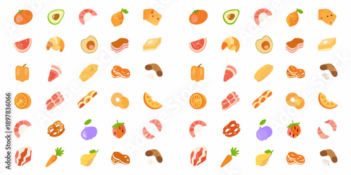 A colorful arrangement of various food icons in a grid pattern