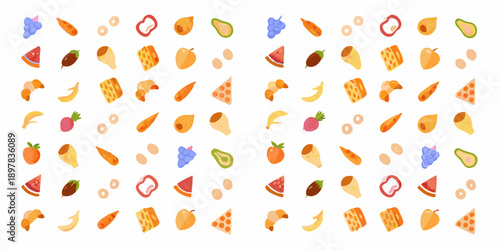 Colorful arrangement of various fruit and food icons in a grid pattern