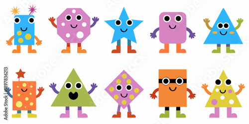 Colorful geometric shapes with smiling faces arranged in two rows