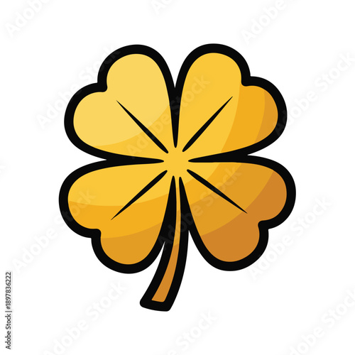 Golden four-leaf clover illustration from a front viewpoint, symbolizing good fortune and luck in a simple graphic design