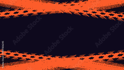 Abstract orange tire track pattern against a dark black background