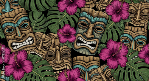 Tiki Mask Seamless Pattern with Hibiscus Flowers and Tropical Leaves on Black. Hawaiian Polynesian Background Illustration.