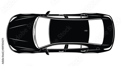 A stark black and white overhead illustration depicts a modern sedan car with a contrasting roof high quality professional detailed