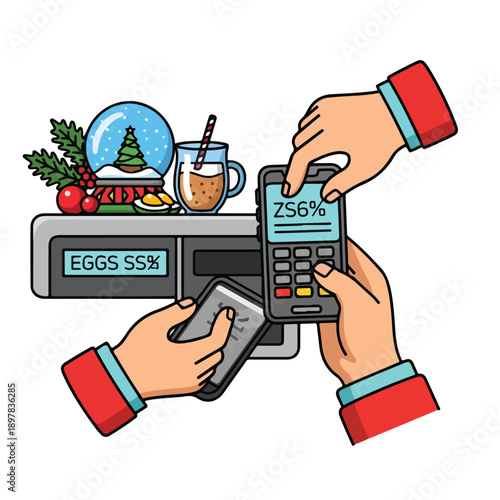 Hands holding a payment device and card near a counter with festive decorations and a snack display