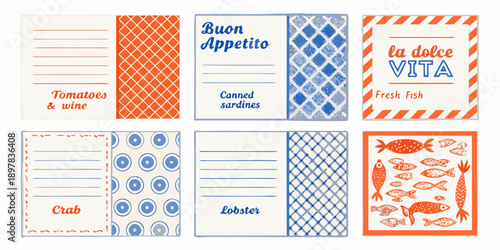 Colorful food themed recipe cards with italian text and illustrations