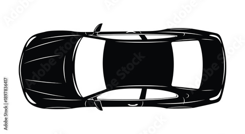 An aerial view depicts a sleek dark colored sports car with a prominent white racing stripe down the center