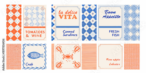 A collection of vintage style food and beverage labels with nautical themes