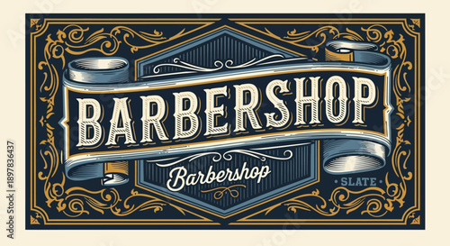Vintage Barbershop Emblem Sign. Ornate Classic Hair Salon Logo Design with Retro Typography and Decorative Gold Frame.