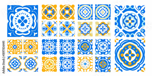 A collection of vibrant blue and orange ornamental ceramic tile patterns