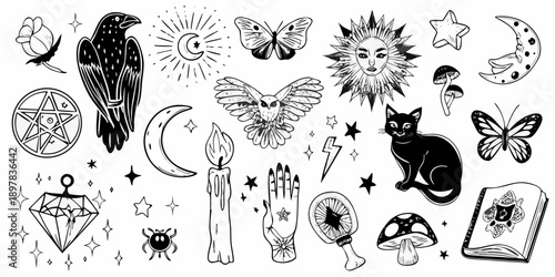 Mystical collection of celestial animal and occult themed black and white illustrations