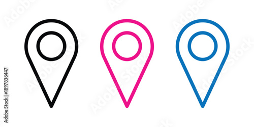 Free Download Three colorful location pin icons. vector illustration of a set of colorful pins. set of three minimalist location pin icons featuring black, pink, and blue outline designs - GFXLoad