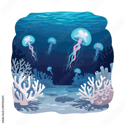 Underwater scene with jellyfish swimming near coral reefs in the ocean viewed from the side