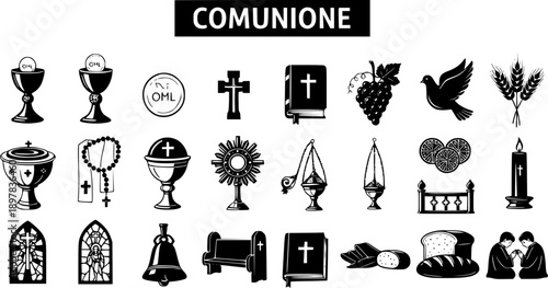 Foto Catholic Communion Icons: Chalices, Bible, Cross, Dove, Grapes, Wheat, Candle, I
