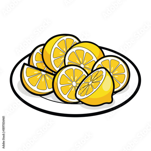 A plate of sliced lemons is presented on a white plate, viewed from directly above, against a clean white background, as depicted in the vector illustration pektor046.eps