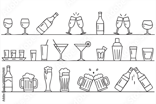 Bar and Cocktail Line Icons for Nightlife and Hospitality