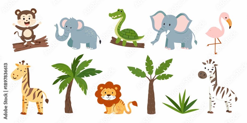 Fototapeta premium Cute cartoon animals and tropical plants arranged on a white background