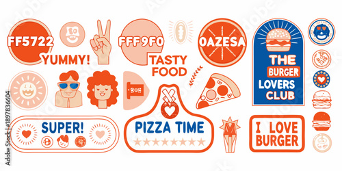 Colorful stickers featuring food expressions and playful designs
