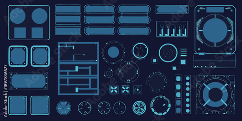 Blueprint of various electronic components and interfaces in blue tones