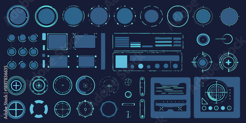A collection of futuristic neon blue user interface elements and targeting reticles