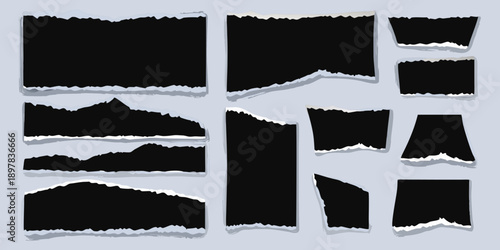Collection of torn black paper edges with white borders on gray background