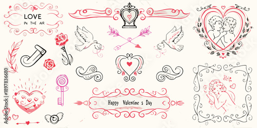 Vintage valentine s day doodles and romantic hand drawn elements collection