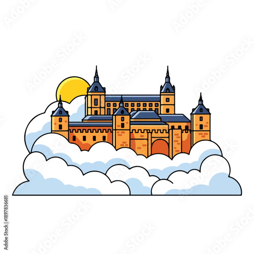 Illustration of majestic castle with towers surrounded by clouds and sun shining brightly in the sky