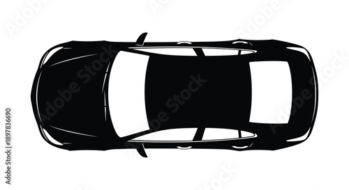 A stark black and white overhead view depicts the outline of a modern sports car emphasizing its sleek design