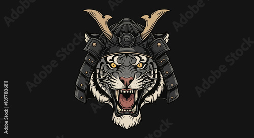 Roaring Tiger Head in Black Samurai Kabuto Helmet Illustration. Fierce Japanese Warrior Animal Mascot Design.
