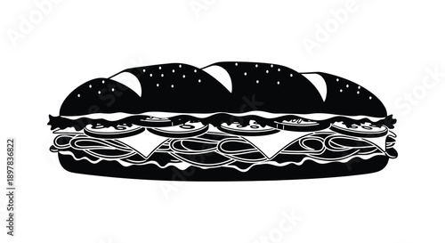 A stark black and white illustration depicts a generously filled sandwich with layers of meat and toppings high quality professional