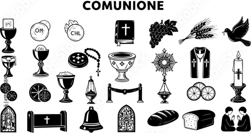 Black and White Line Art Icons of Catholic Communion Symbols and Religious Objects