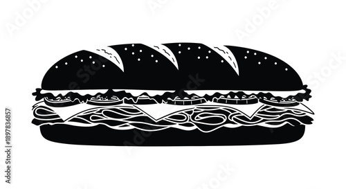 A black and white illustration depicts a large detailed sandwich with visible layers of meat and bread