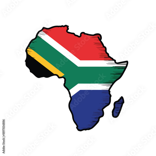 Map of Africa with South African flag overlay, illustration of national pride, geographical map, continental view, patriotic symbol