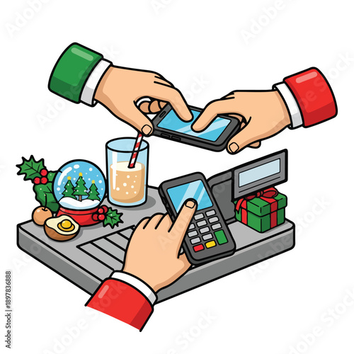 Hands holding a mobile device and a payment terminal with festive decorations nearby