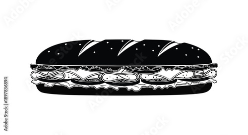 A black and white illustration depicts a lengthy sandwich with visible layers of filling and a textured roll