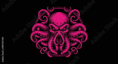 Pink Octopus Kraken Head Illustration. Dark Graphic Engraving Style Tattoo Art. Menacing Sea Monster Mascot on Black Background.