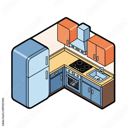 Illustration of modern kitchen interior with refrigerator, stove, sink, and cabinets from an isometric viewpoint