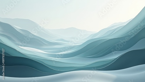 Abstract Serene Blue Green Wavy Landscape with Subtle White Dots and Soft Hazy Sky