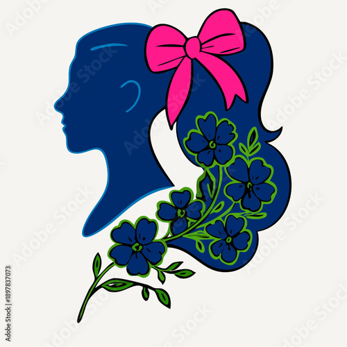 electric flora muse dark blue silhouette with floral hair and pink bow for elegant feminine branding and nature-inspired design