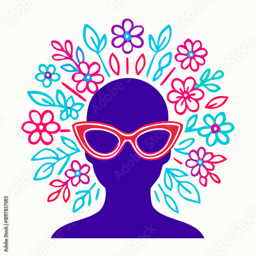 fabulous neon purple silhouette with floral halo and cat-eye sunglasses for bold fashion branding and editorial campaigns
