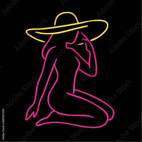 sunshine neon sunhat glory neon kneeling figure in wide-brimmed hat for fashion branding, summer campaigns, and lifestyle design