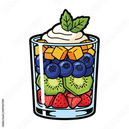 Colorful fruit salad illustration in a glass cup topped with cream and mint leaf viewed from above