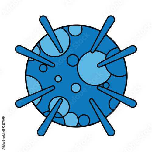 Virus illustration with blue spherical structure and protruding elements on white background viewed from directly above