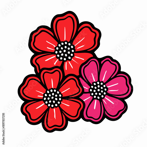 natures tropical simple bliss beauty trio of stylized red and pink flowers with dotted centers for graphic art, decor, and branding