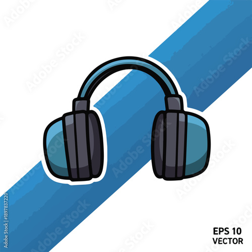 Vector illustration of headphones with a blue diagonal stripe on a simple background, viewed from the front