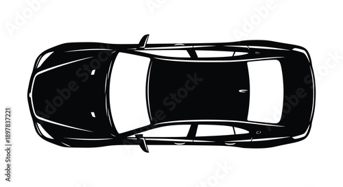 A minimalist black and white illustration depicts a car viewed from directly above showcasing its sleek design high quality professional