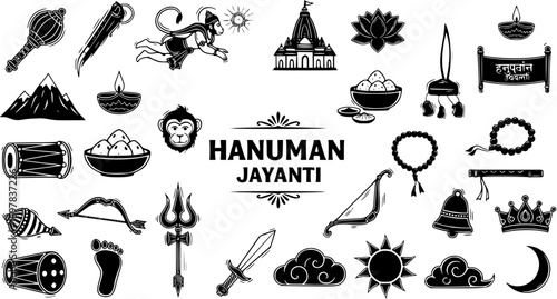 Hanuman Jayanti Vector Icons: Lord Hanuman, Temple, Diya, Bell, Crown - Black  White Line Art