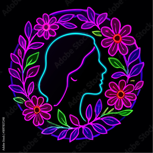 radiant rays of neon power play floral wreath with cyan profile silhouette for expressive branding, wellness campaigns, and artistic design
