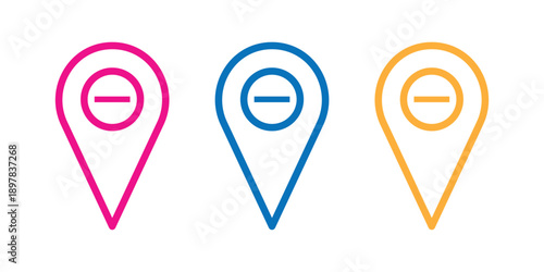 Colorful map pin icons with minus sign for location removal. set of colorful pointers