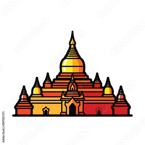 Ancient temple complex with multiple spires and central stupa, vector illustration, cultural heritage site, front view
