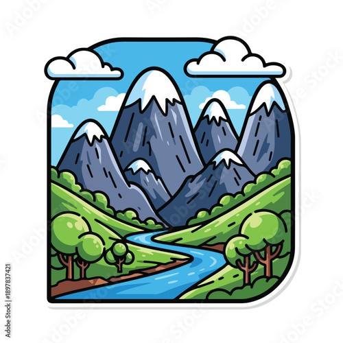 Serene mountain landscape with snow-capped peaks, a winding river, and lush greenery in a valley, viewed from a high vantage point